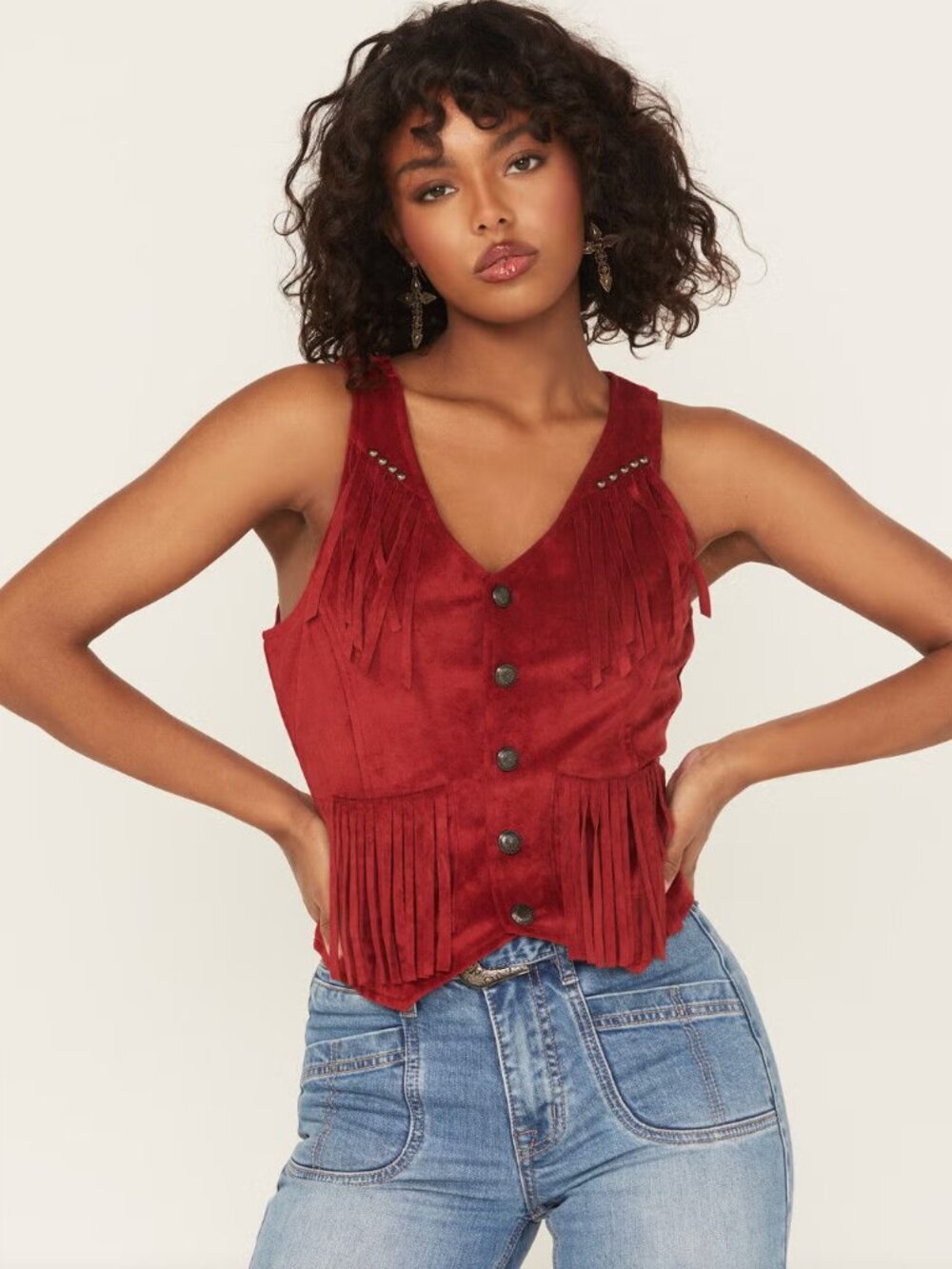 Rock & Roll Denim Western Red Fringe Faux Suede Vest